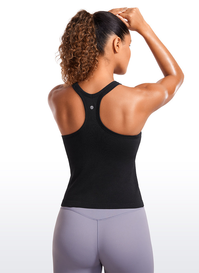 Seamless Ribbed Waist Length Racerback Built in Bra Tanks