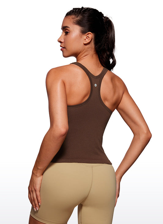 Seamless Ribbed Waist Length Racerback Built in Bra Tanks