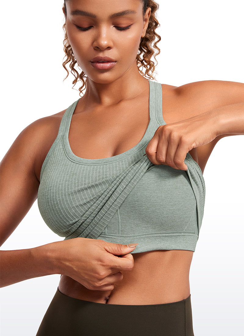 Seamless Ribbed Waist Length Racerback Built in Bra Tanks