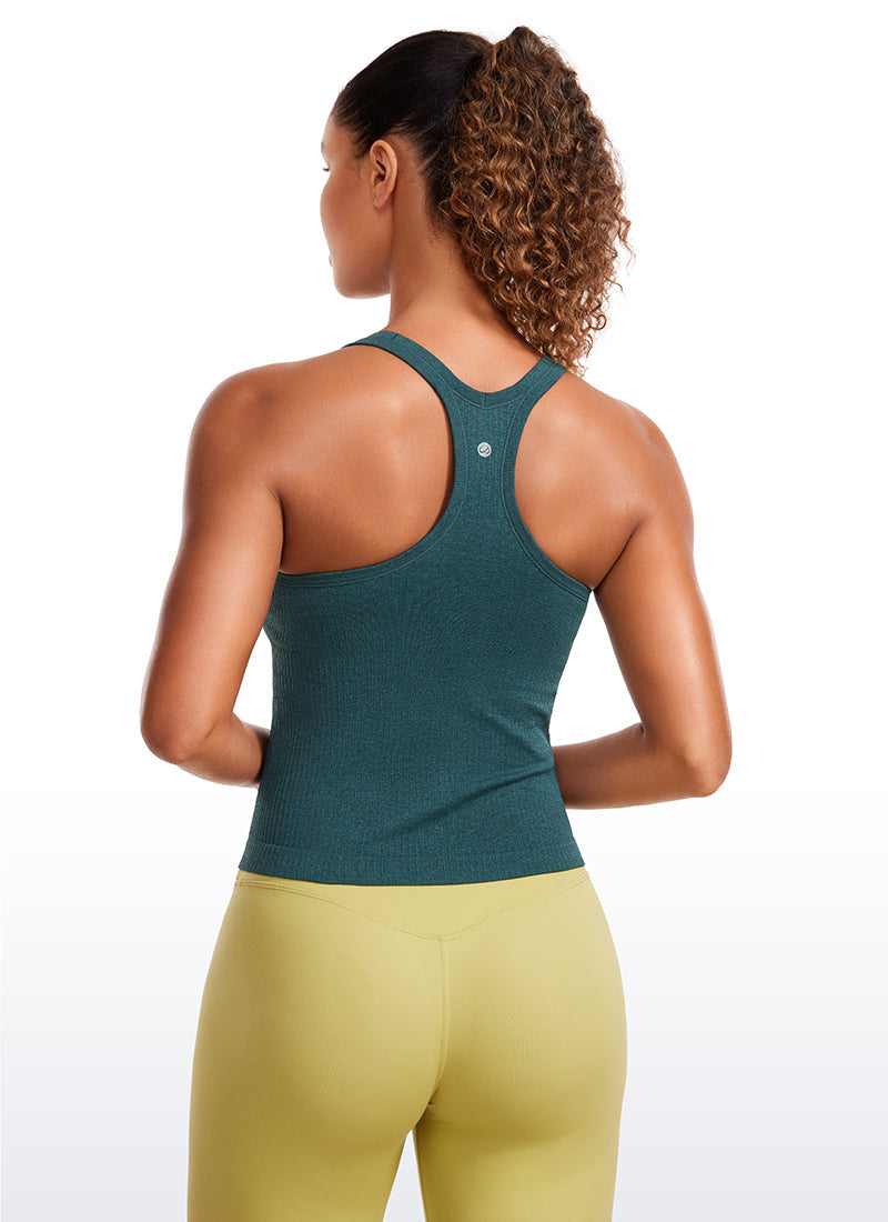 Seamless Ribbed Waist Length Racerback Built in Bra Tanks