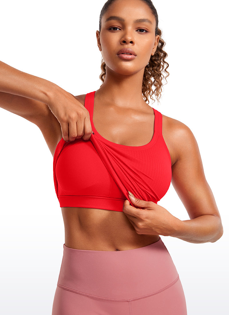 Seamless Ribbed Waist Length Racerback Built in Bra Tanks