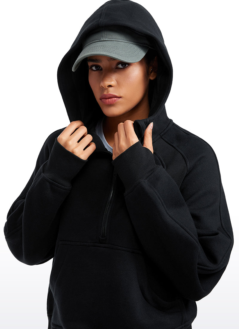 Fleece Lined Half Zip Hoodies with Thumb Holes