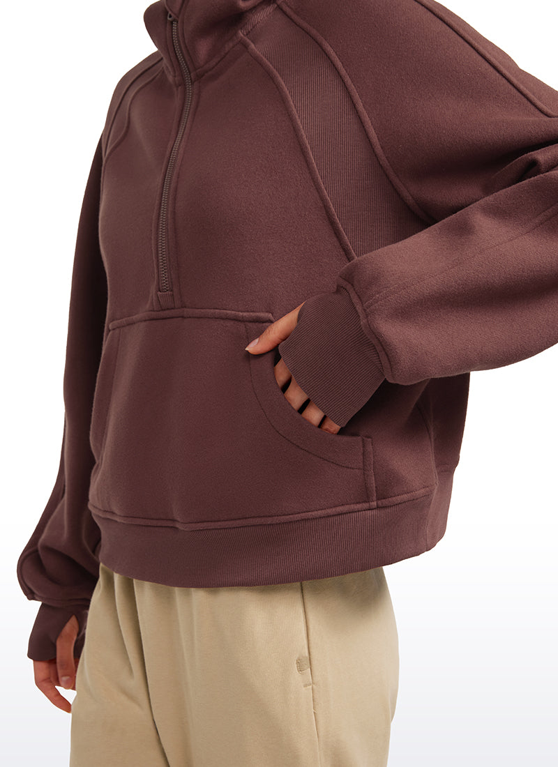 Fleece Lined Half Zip Hoodies with Thumb Holes