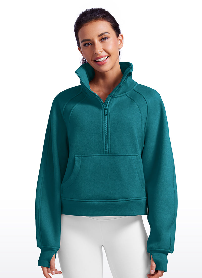 Fleece Lined Half Zip Hoodies Funnel Neck with Thumb Holes